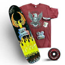Load image into Gallery viewer, WAFFLE EVENT TICKET: Brand-X Tibs Parise AUTOGRAPHED Longboard 5-Piece COMBO PACK (A Deck, Shirt, Wheels, &amp; Stickers)
